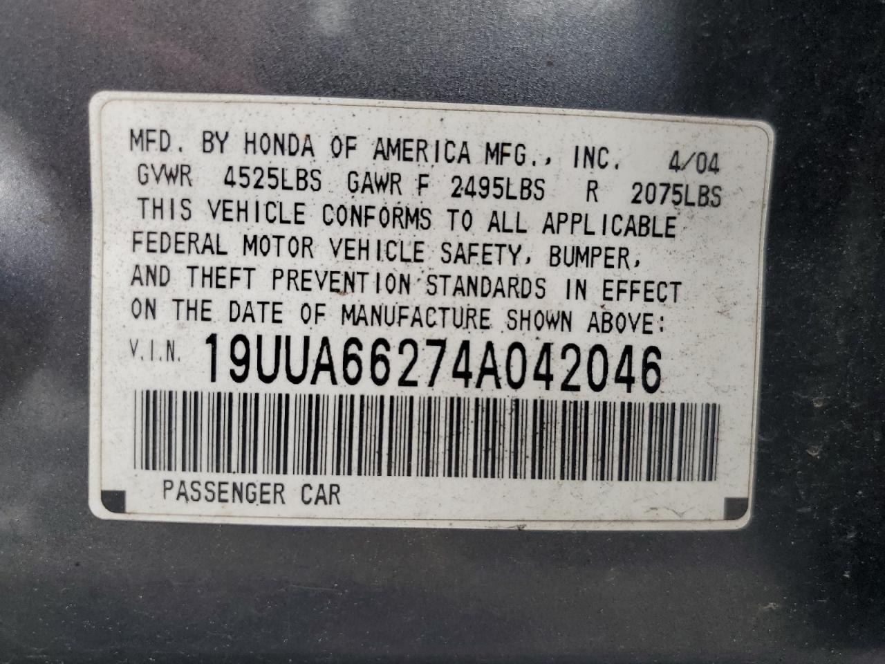 19UUA66274A042046 2004 Acura Tl