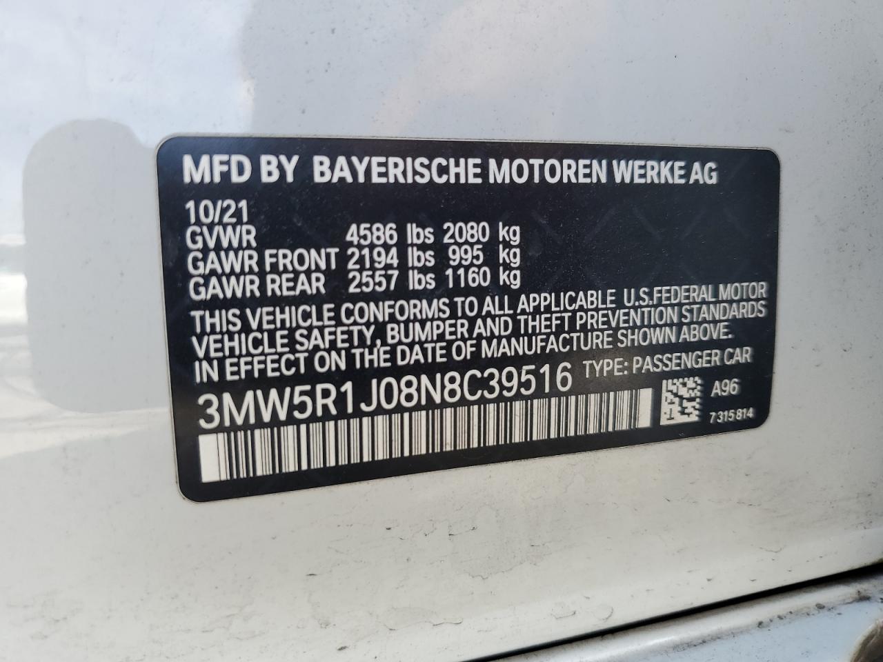 3MW5R1J08N8C39516 2022 BMW 330I