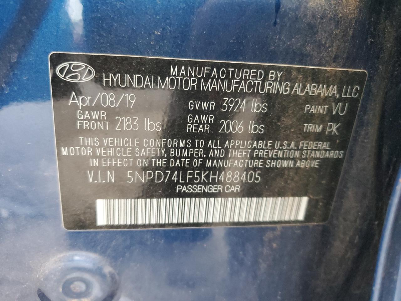 5NPD74LF5KH488405 2019 Hyundai Elantra Se