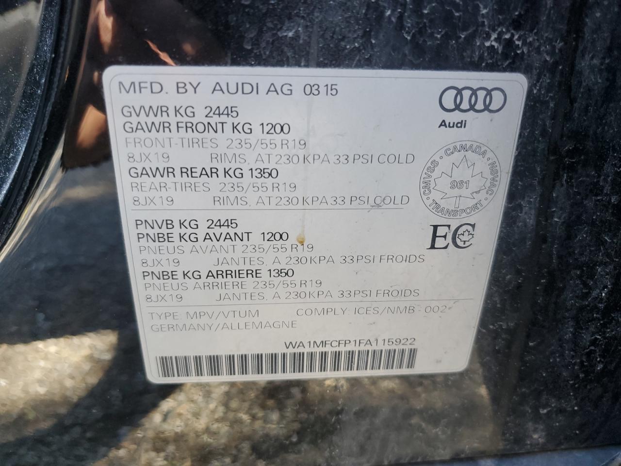 WA1MFCFP1FA115922 2015 Audi Q5 Progressiv