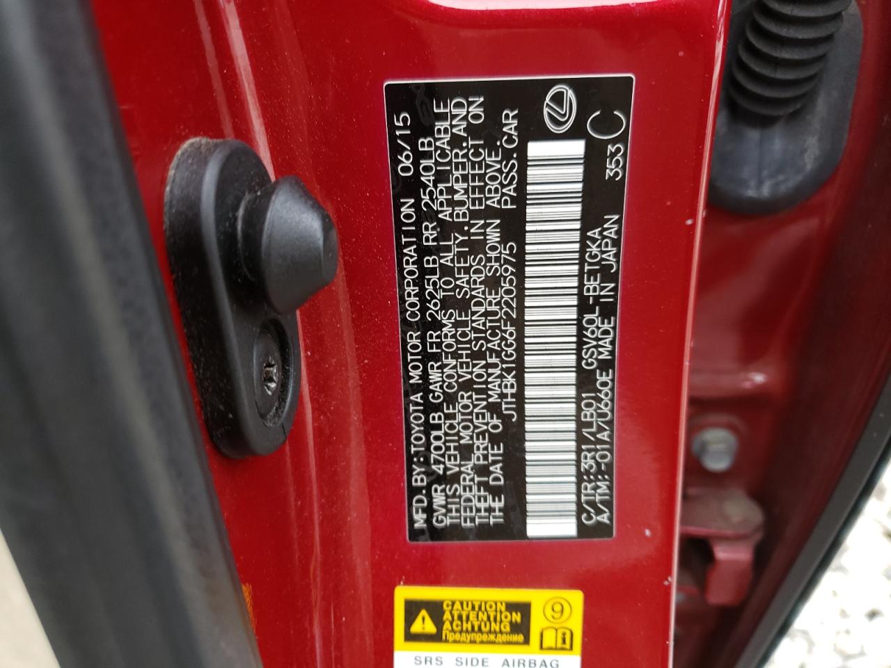 JTHBK1GG6F2205975 2015 Lexus Es 350