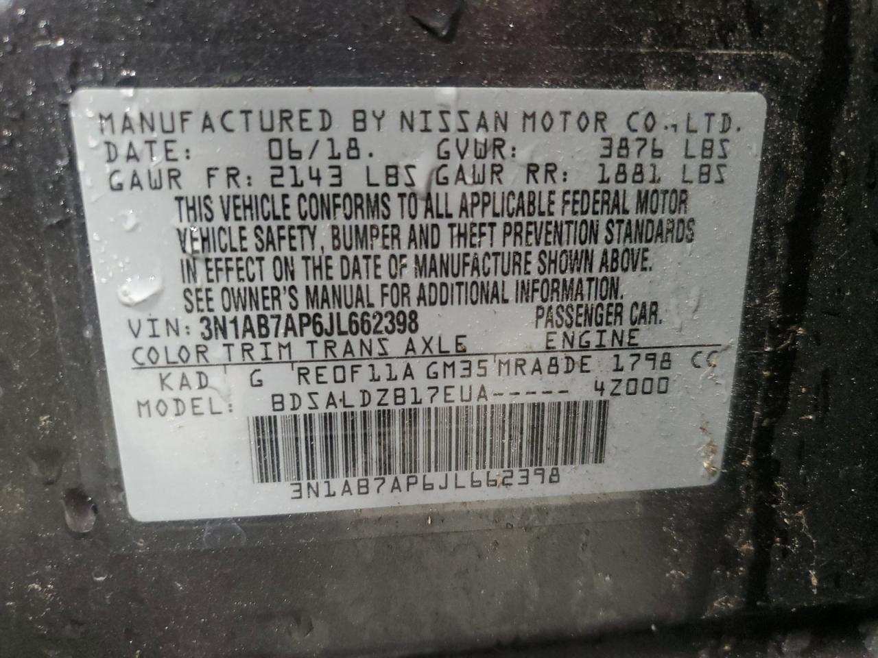 3N1AB7AP6JL662398 2018 Nissan Sentra S