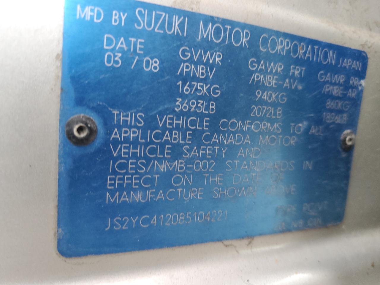 JS2YC412085104221 2008 Suzuki Sx4