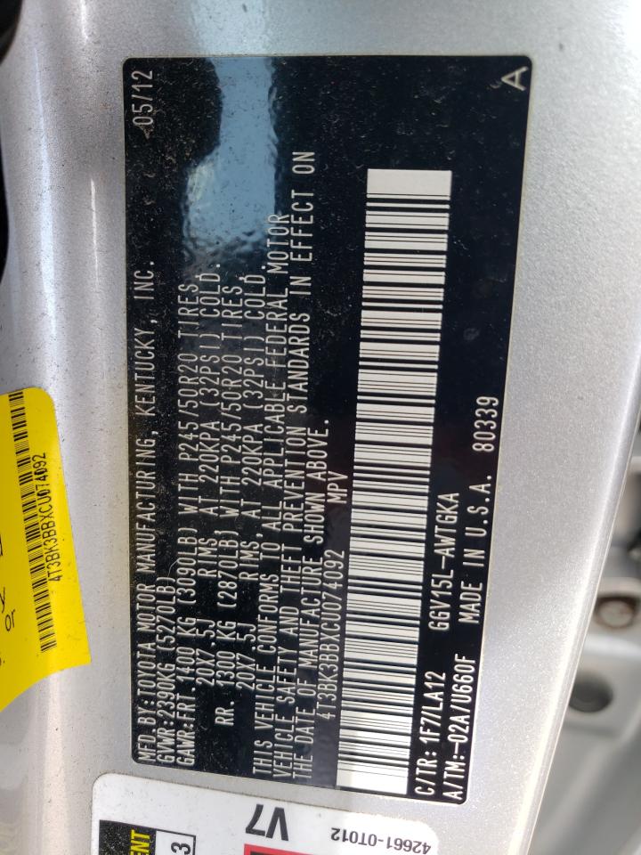 4T3BK3BBXCU074092 2012 Toyota Venza Le