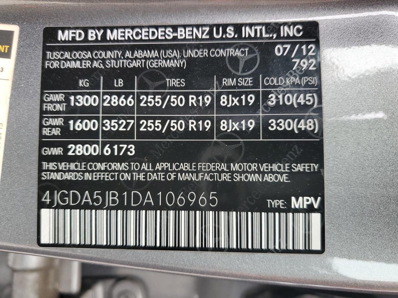 4JGDA5JB1DA106965 2013 Mercedes-Benz Ml 350