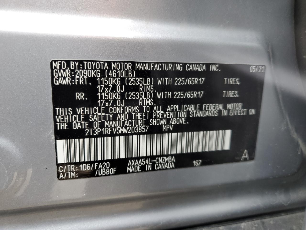 2T3P1RFV5MW203857 2021 Toyota Rav4 Xle