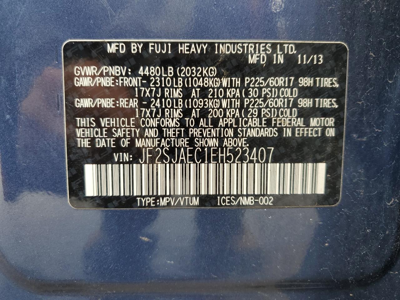 JF2SJAEC1EH523407 2014 Subaru Forester 2.5I Premium