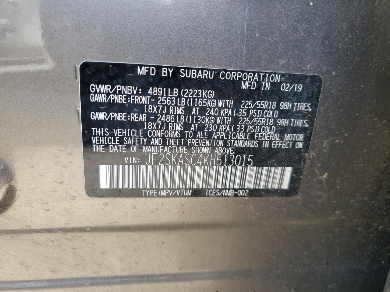 JF2SKASC4KH513015 2019 Subaru Forester Limited