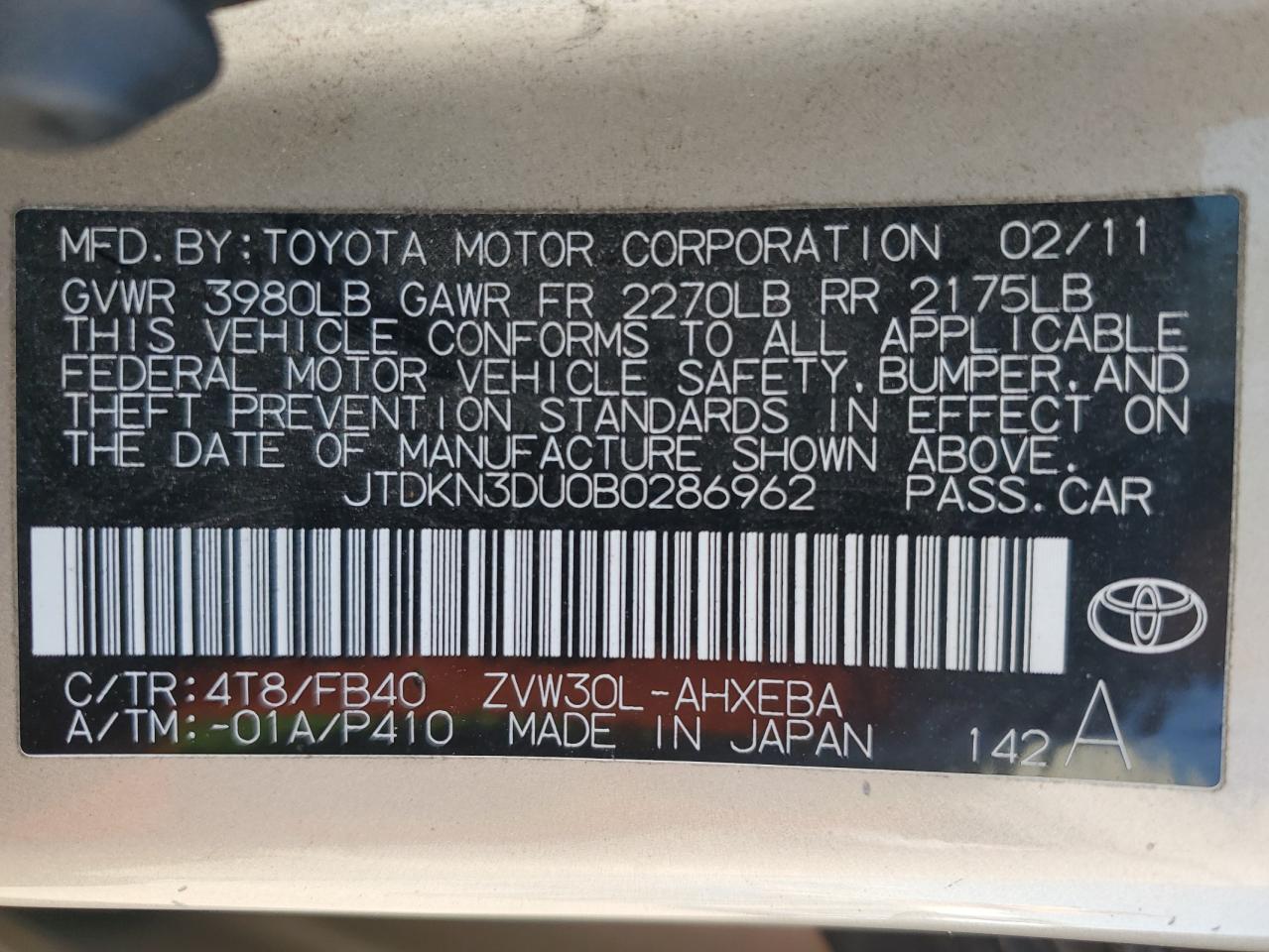 JTDKN3DU0B0286962 2011 Toyota Prius