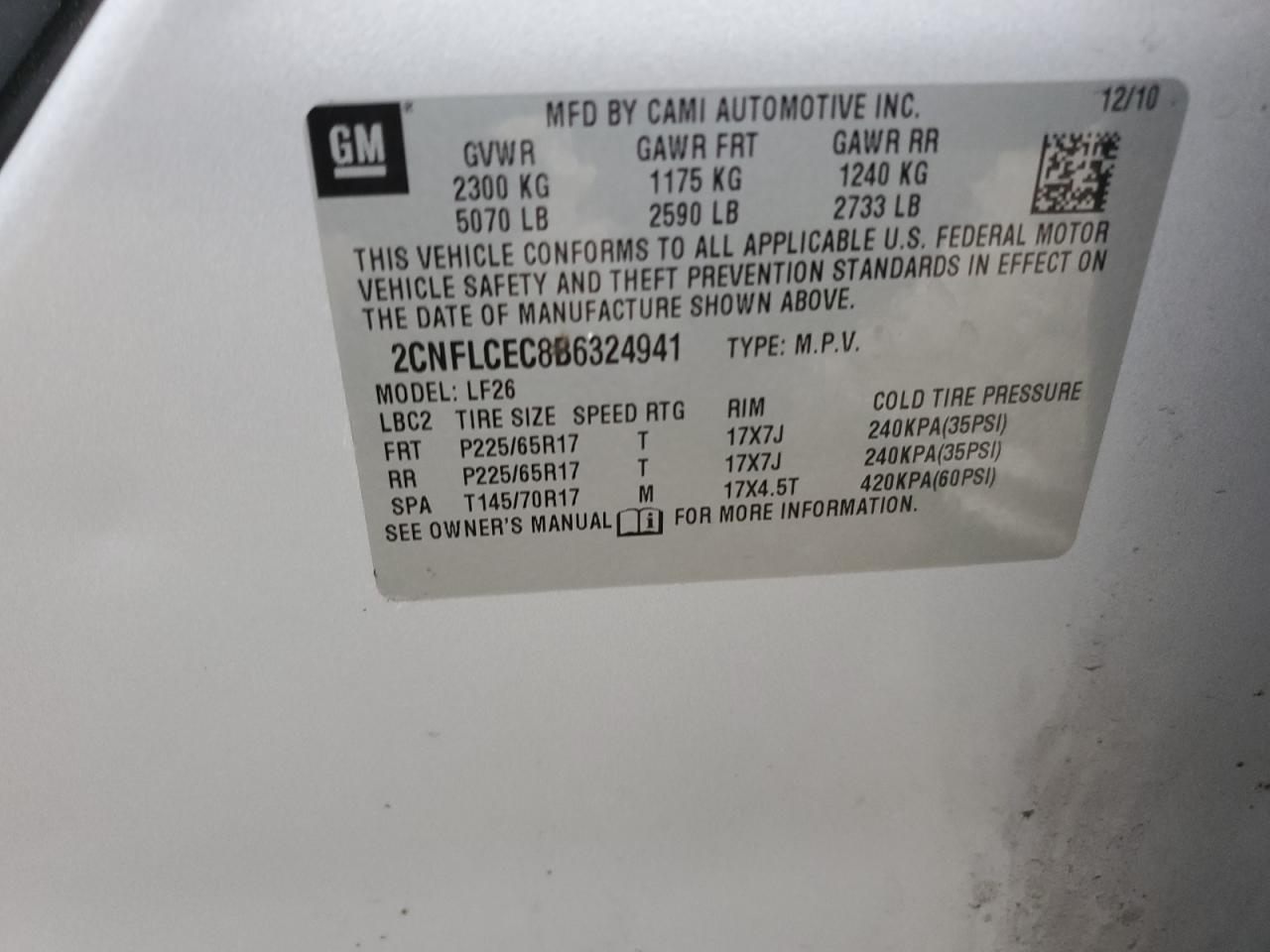 2CNFLCEC8B6324941 2011 Chevrolet Equinox Ls