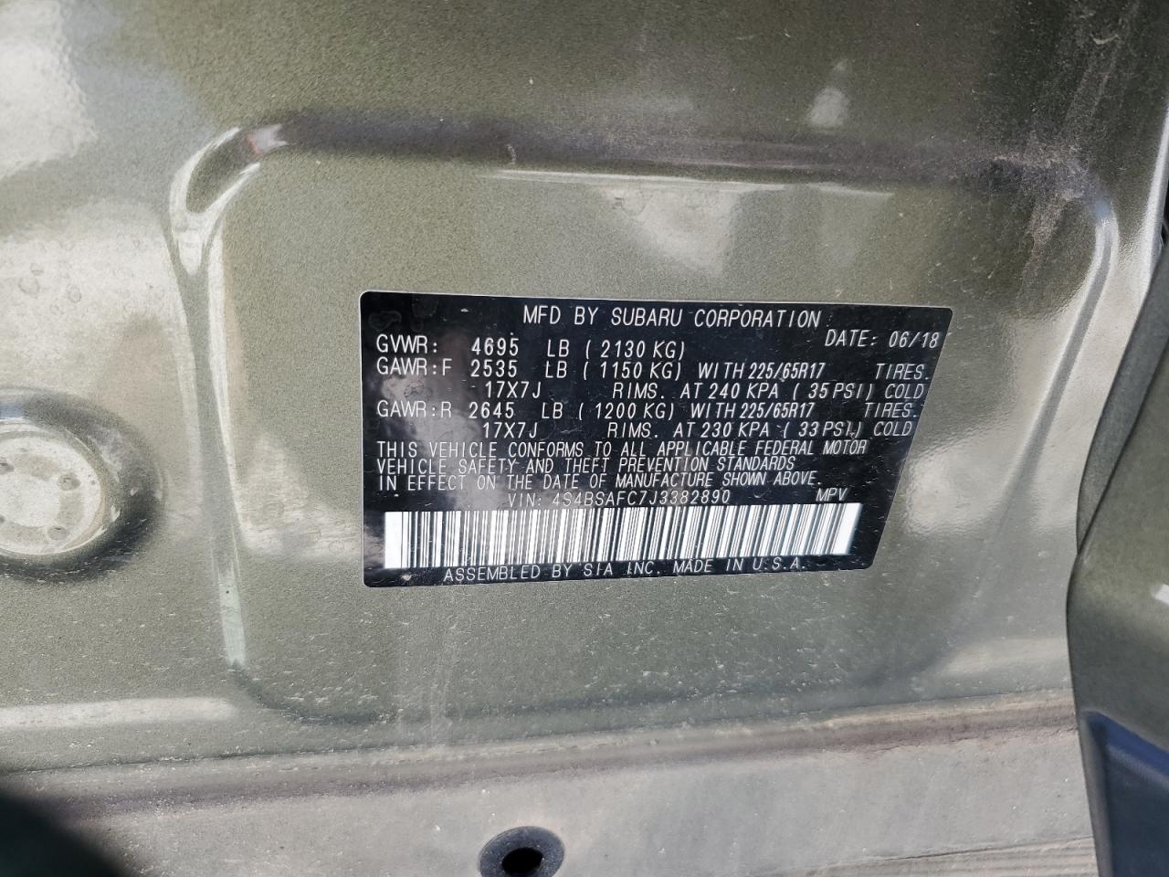 4S4BSAFC7J3382890 2018 Subaru Outback 2.5I Premium