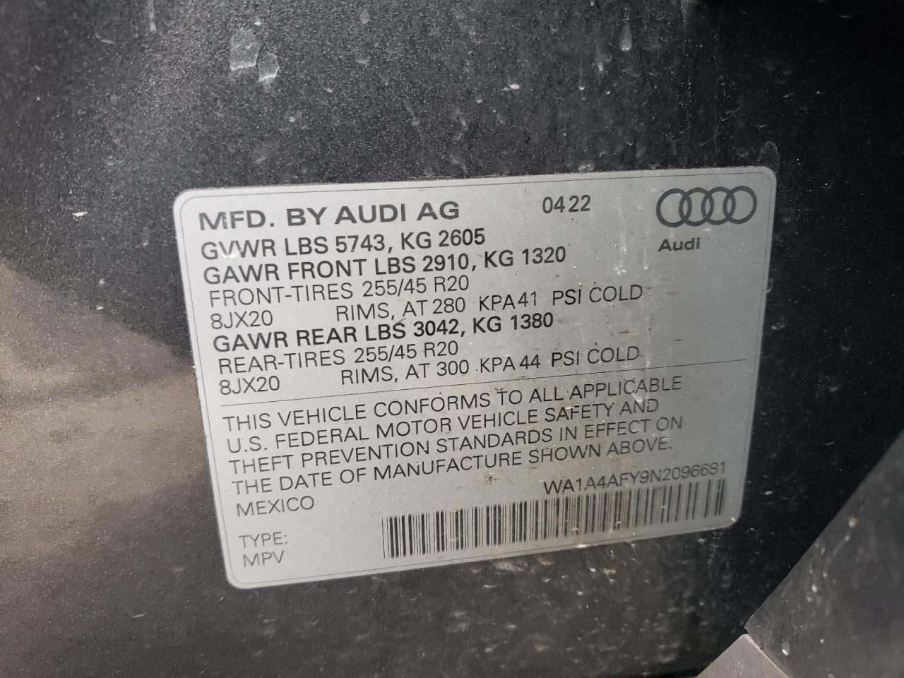 WA1A4AFY9N2096681 2022 Audi Sq5 Premium