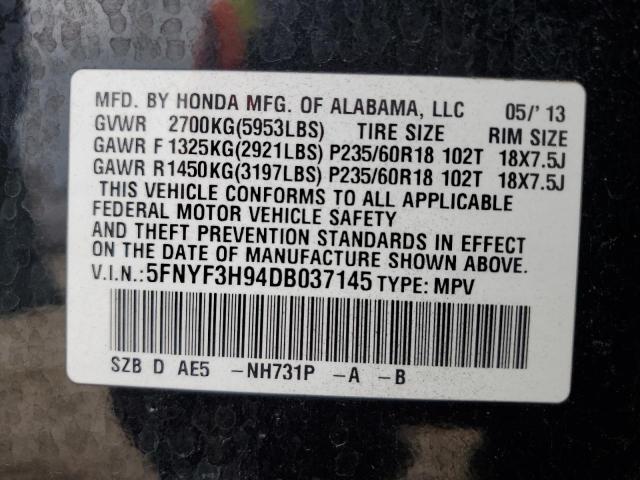 2013 Honda Pilot Touring VIN: 5FNYF3H94DB037145 Lot: 53356794