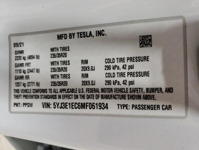 2021 Tesla Model 3 VIN: 5YJ3E1EC6MF061934 Lot: 54568434