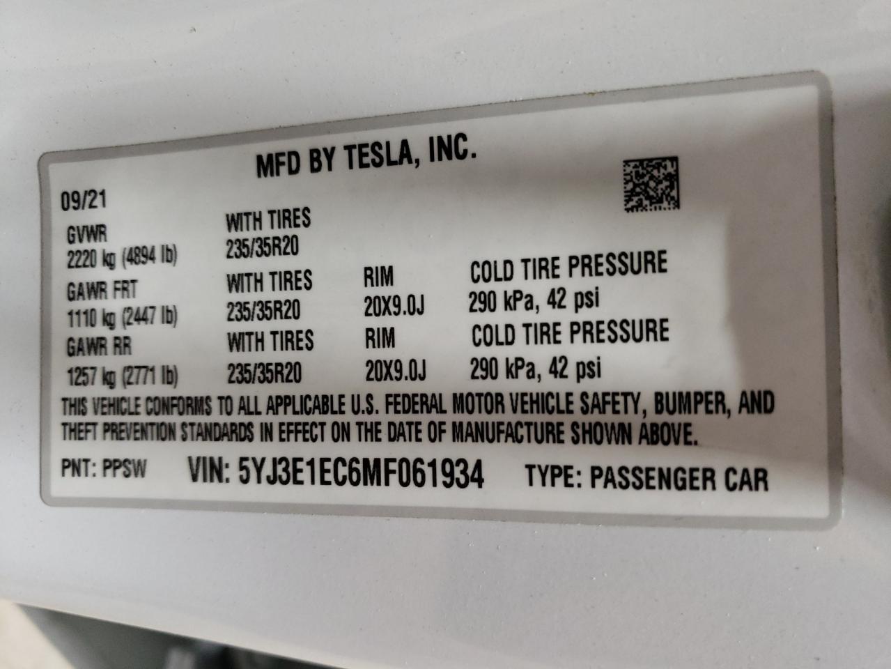 5YJ3E1EC6MF061934 2021 Tesla Model 3