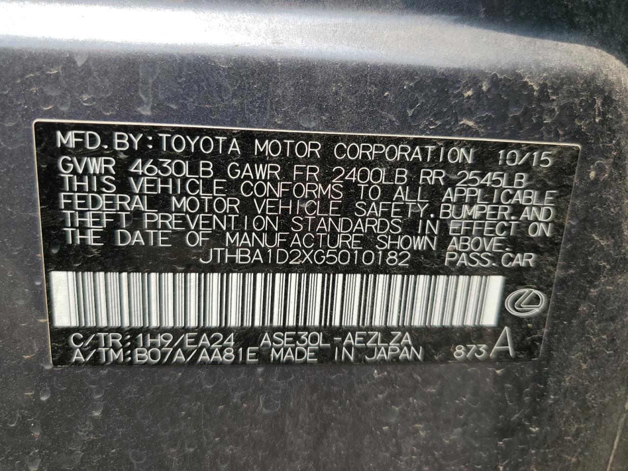 JTHBA1D2XG5010182 2016 Lexus Is 200T