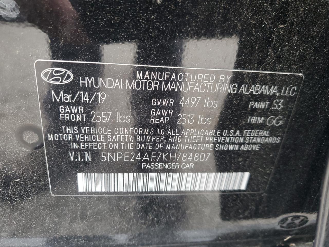 5NPE24AF7KH784807 2019 Hyundai Sonata Se