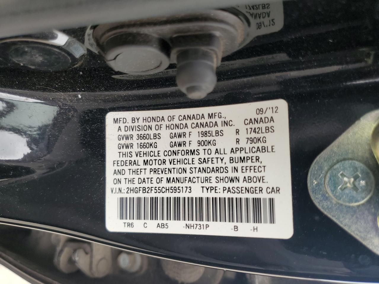 2HGFB2F55CH595173 2012 Honda Civic Lx