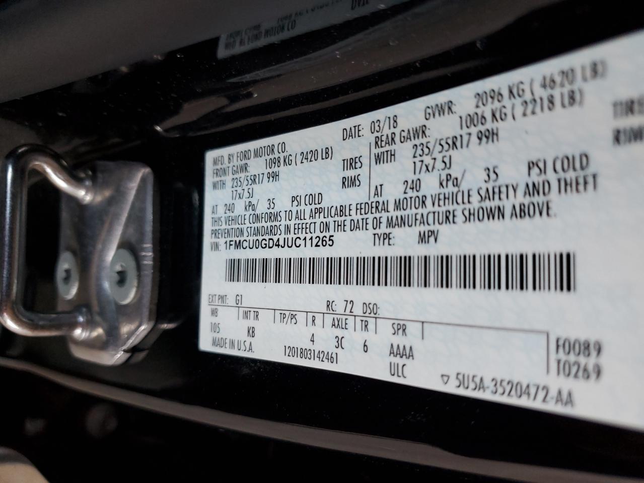 1FMCU0GD4JUC11265 2018 Ford Escape Se