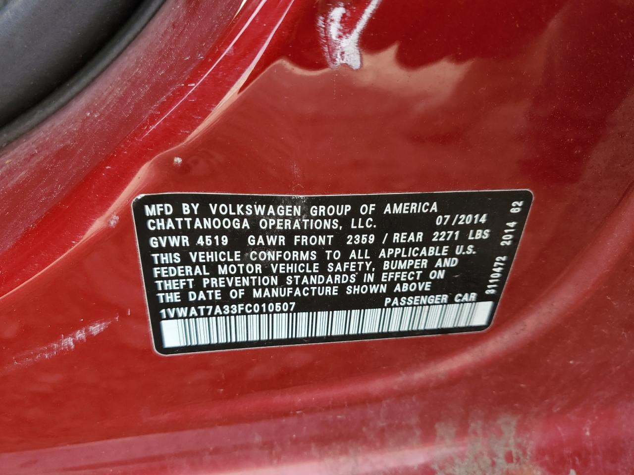 1VWAT7A33FC010507 2015 Volkswagen Passat S