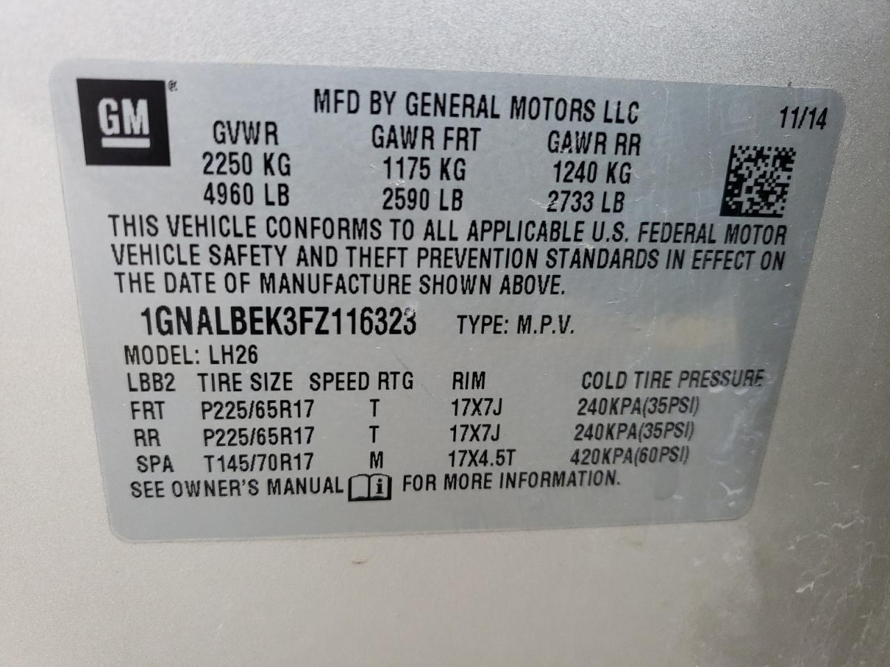 1GNALBEK3FZ116323 2015 Chevrolet Equinox Lt