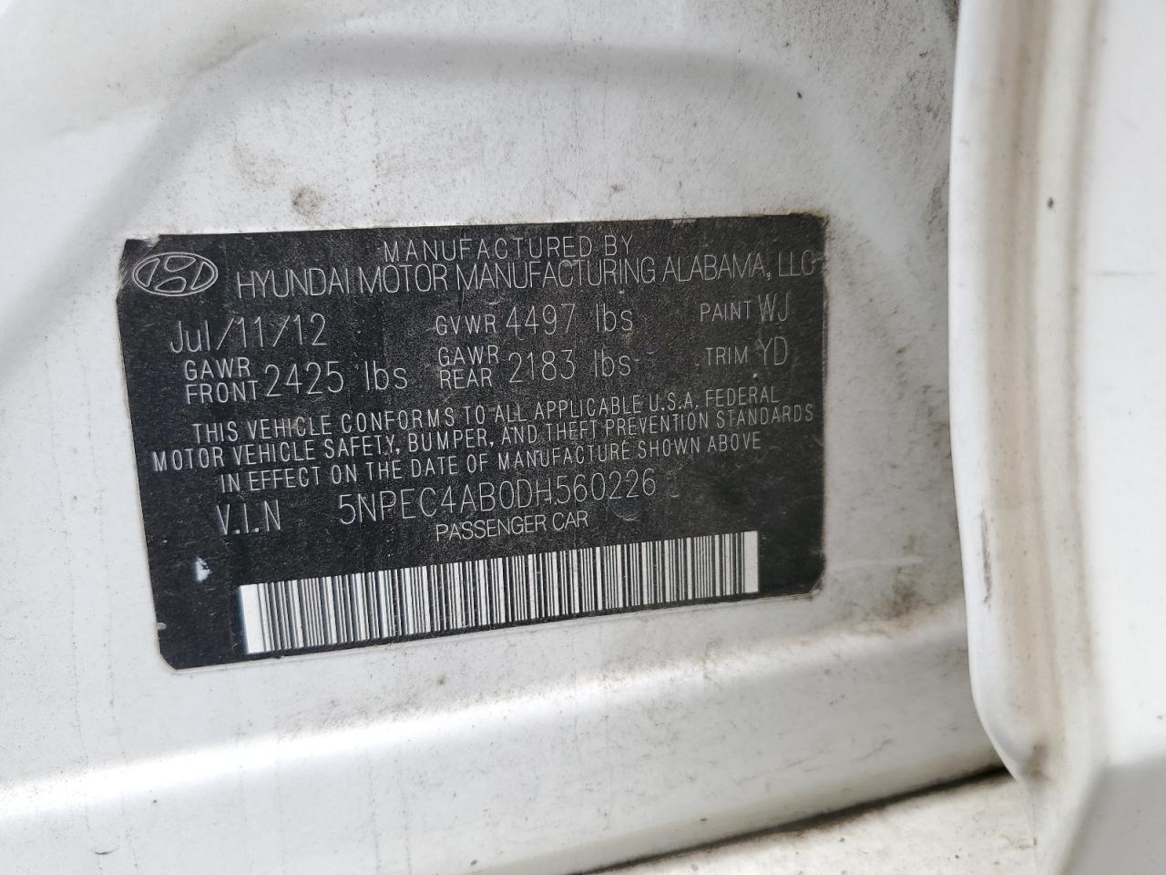 5NPEC4AB0DH560226 2013 Hyundai Sonata Se