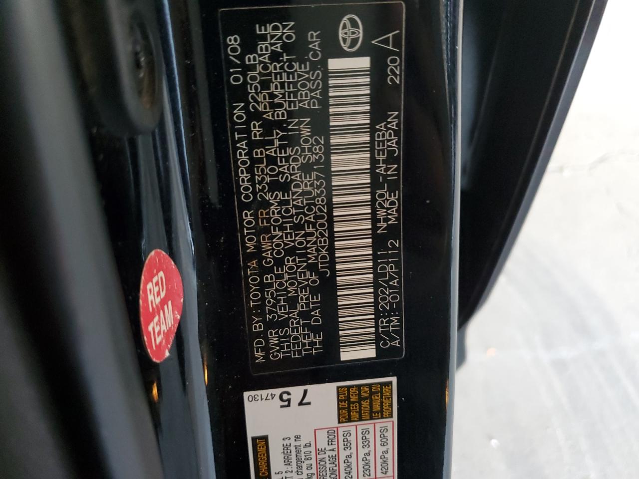 JTDKB20U283371382 2008 Toyota Prius