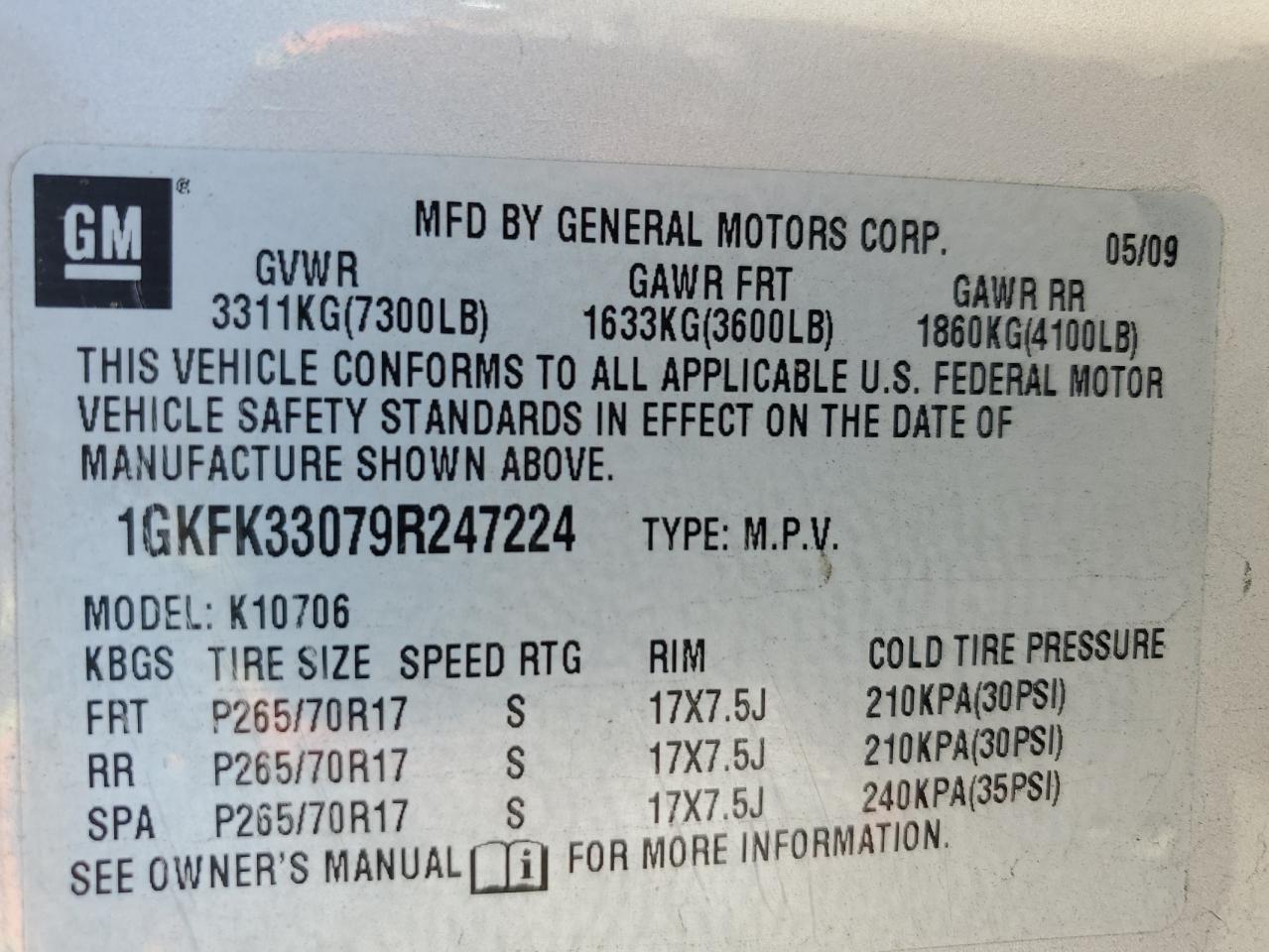 1GKFK33079R247224 2009 GMC Yukon Slt