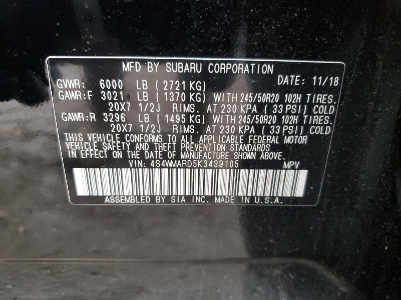 4S4WMARD5K3439105 2019 Subaru Ascent Touring