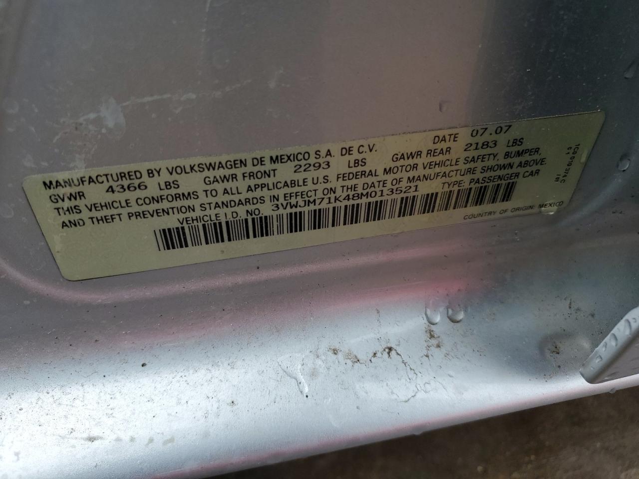 3VWJM71K48M013521 2008 Volkswagen Jetta S