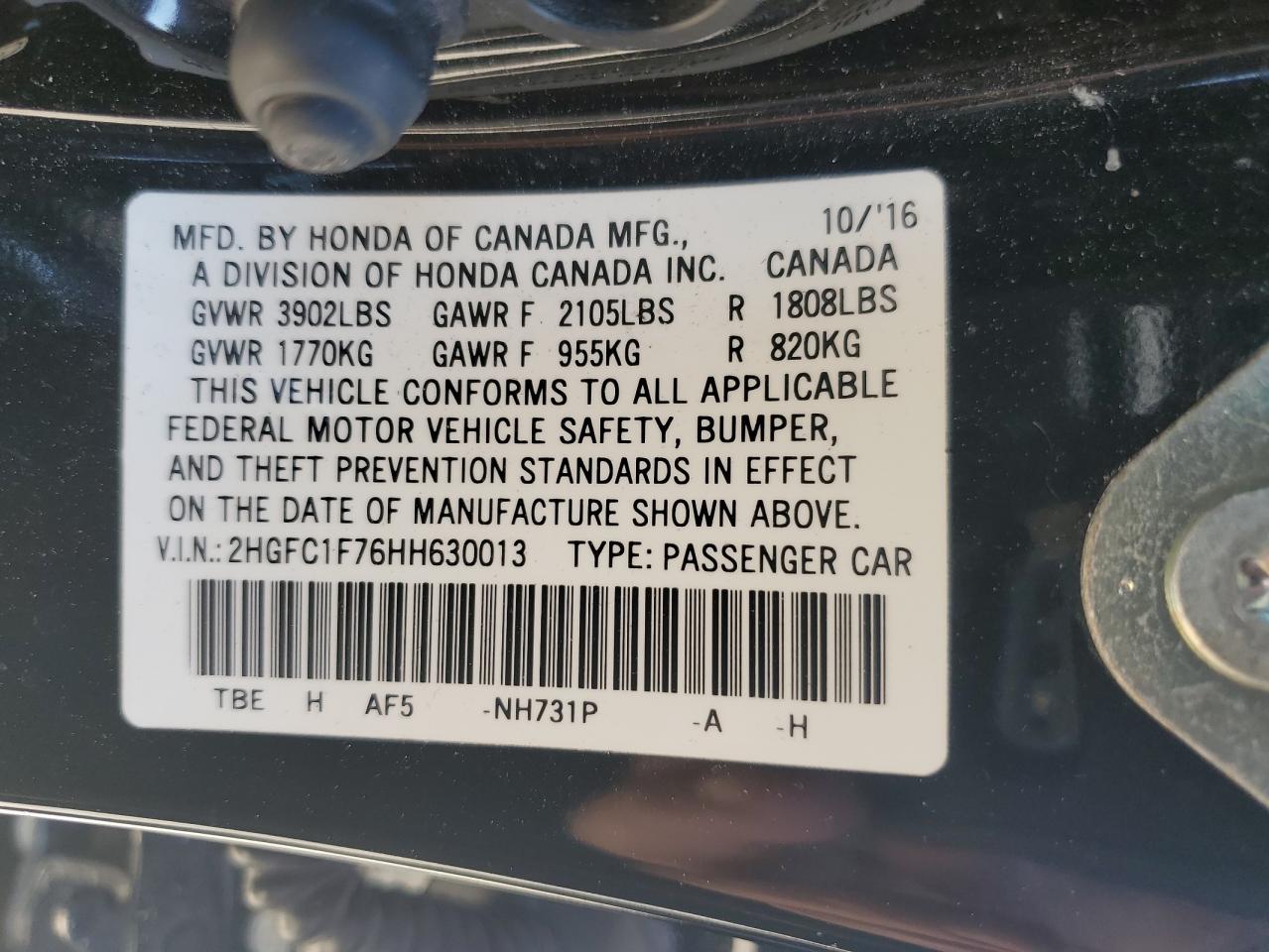 2HGFC1F76HH630013 2017 Honda Civic Exl