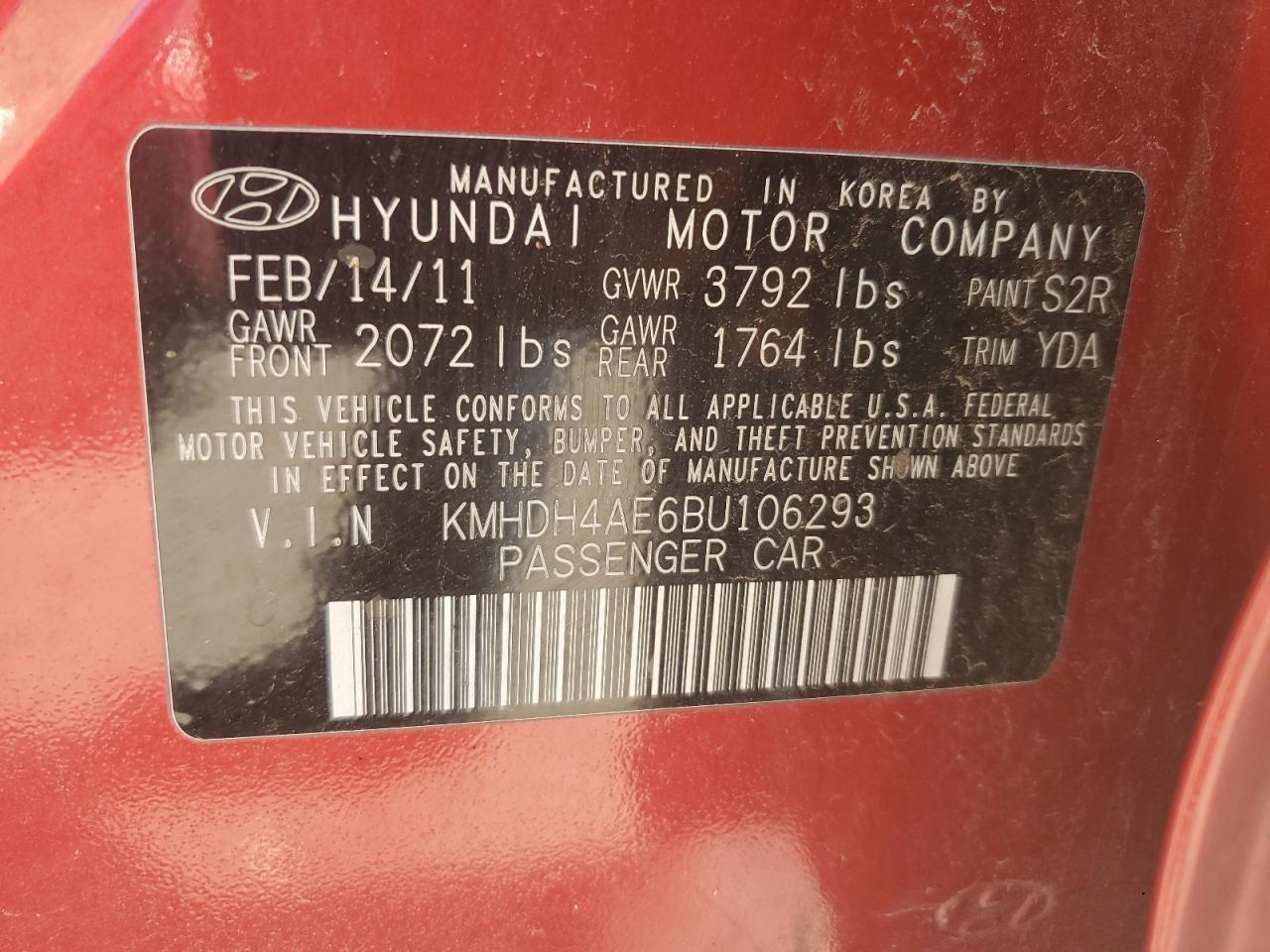 KMHDH4AE6BU106293 2011 Hyundai Elantra Gls