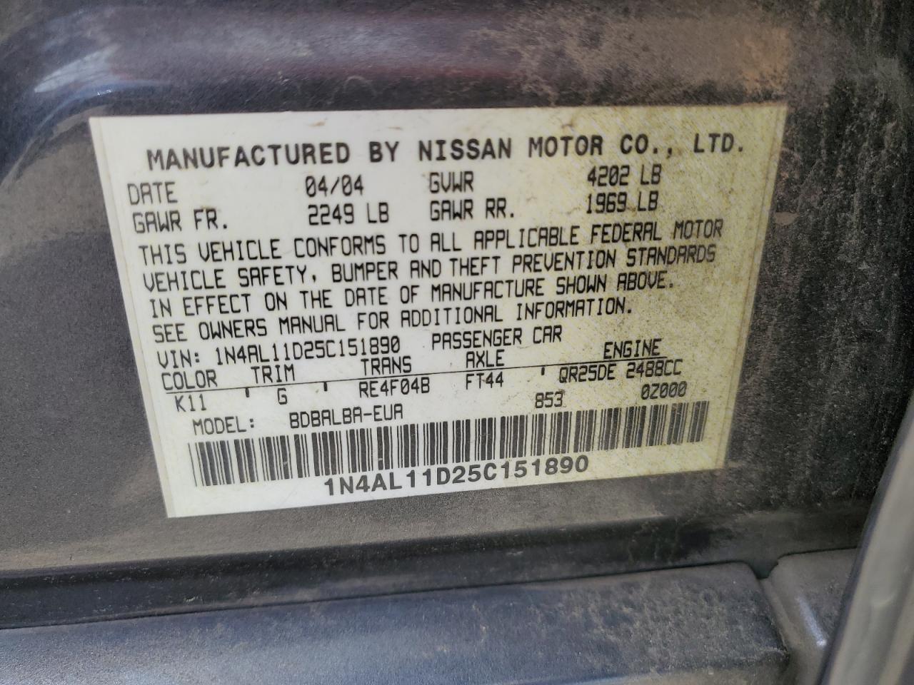 1N4AL11D25C151890 2005 Nissan Altima S
