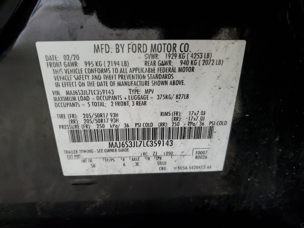 MAJ6S3JL7LC359143 2020 Ford Ecosport Ses