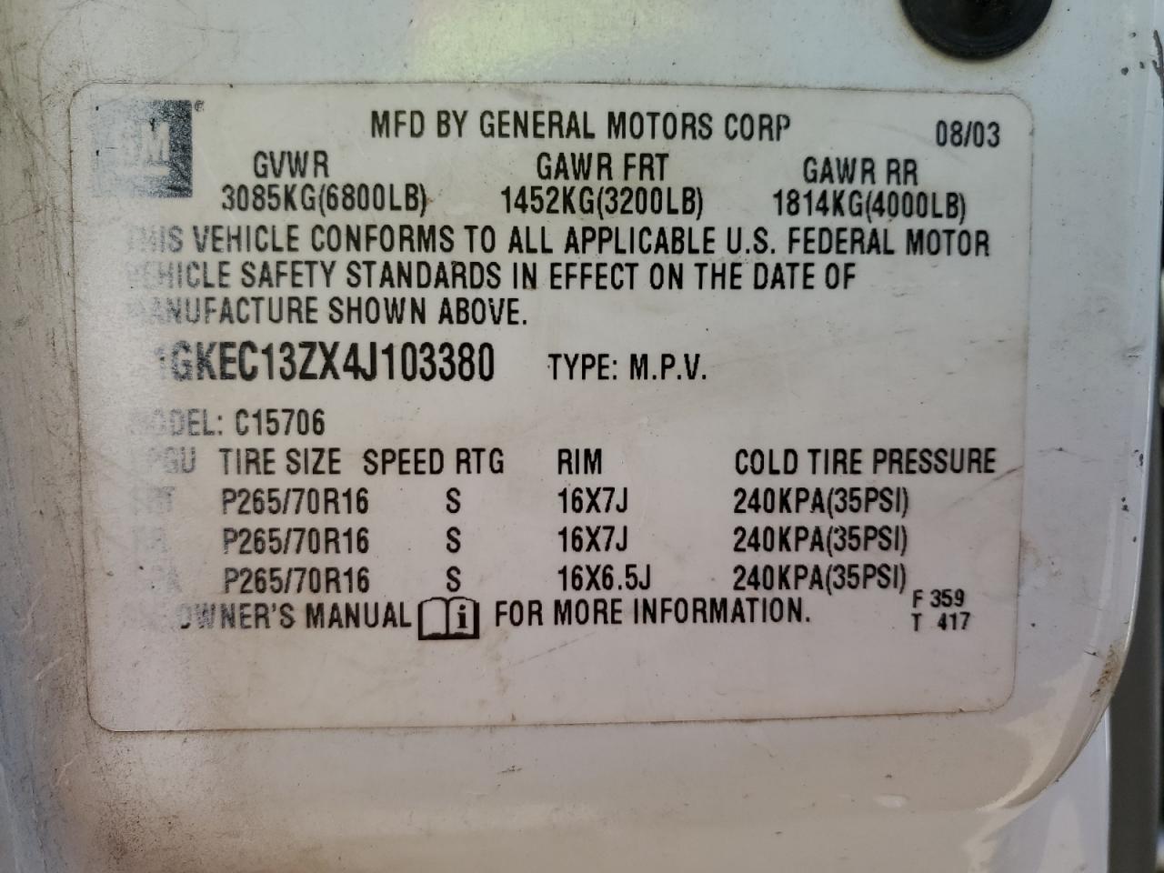 1GKEC13ZX4J103380 2004 GMC Yukon