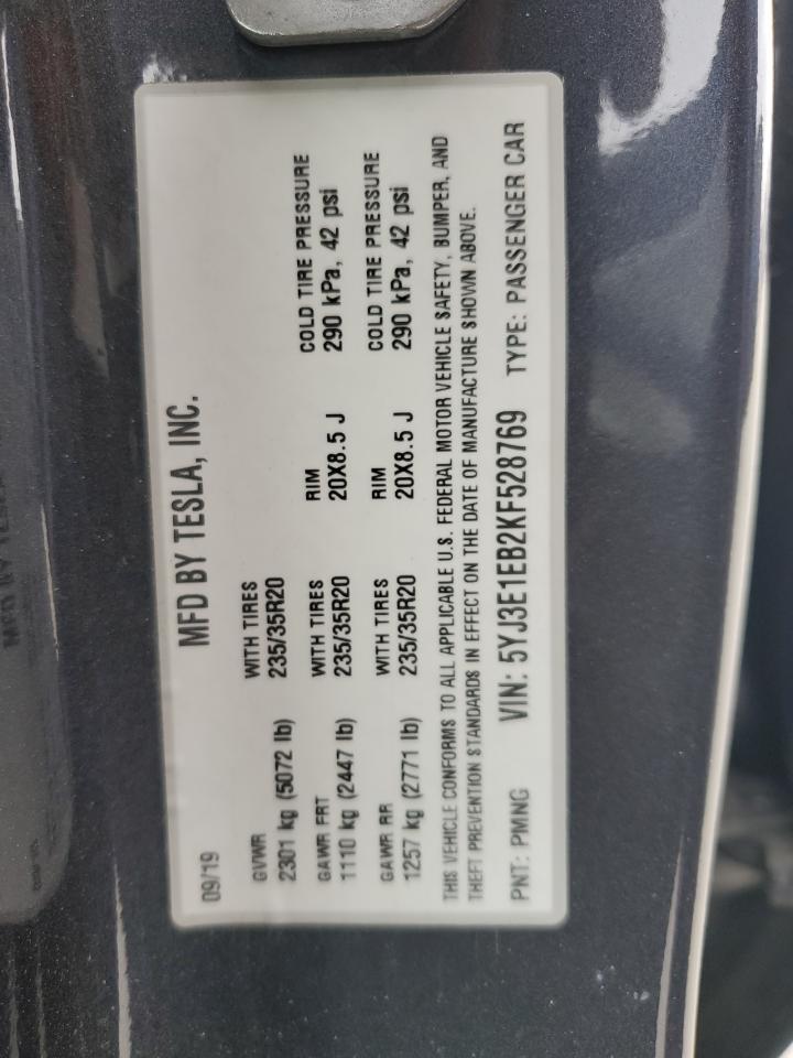 5YJ3E1EB2KF528769 TESLA MODEL 3 2019