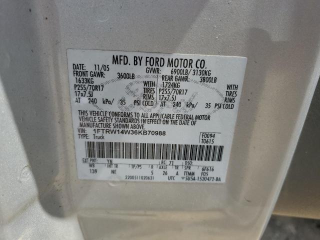 2006 Ford F150 Supercrew VIN: 1FTRW14W36KB70988 Lot: 55627164