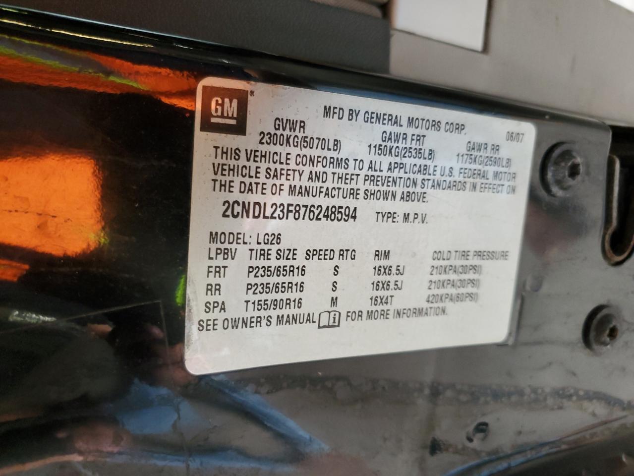 2CNDL23F876248594 2007 Chevrolet Equinox Ls