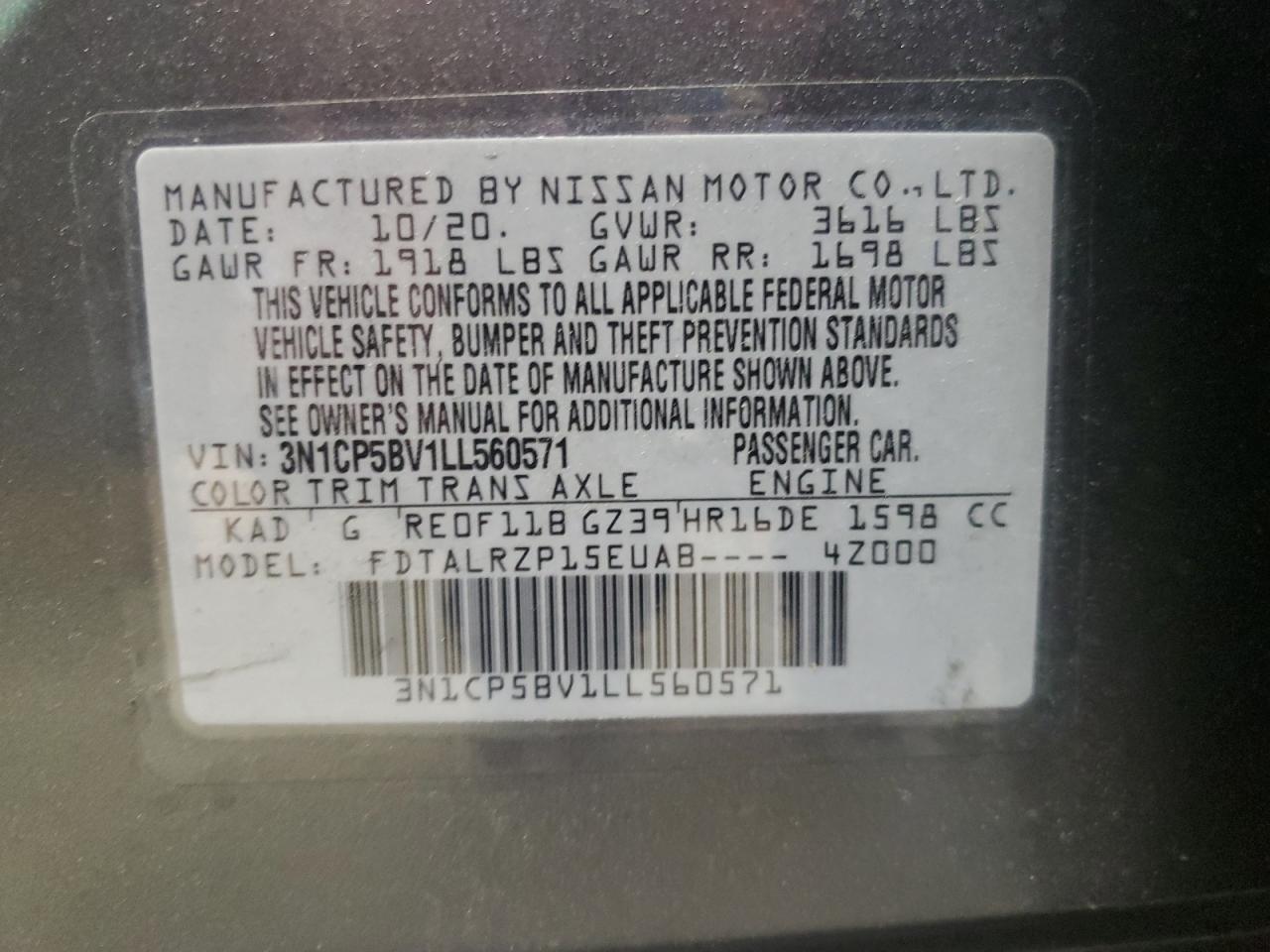 3N1CP5BV1LL560571 2020 Nissan Kicks S