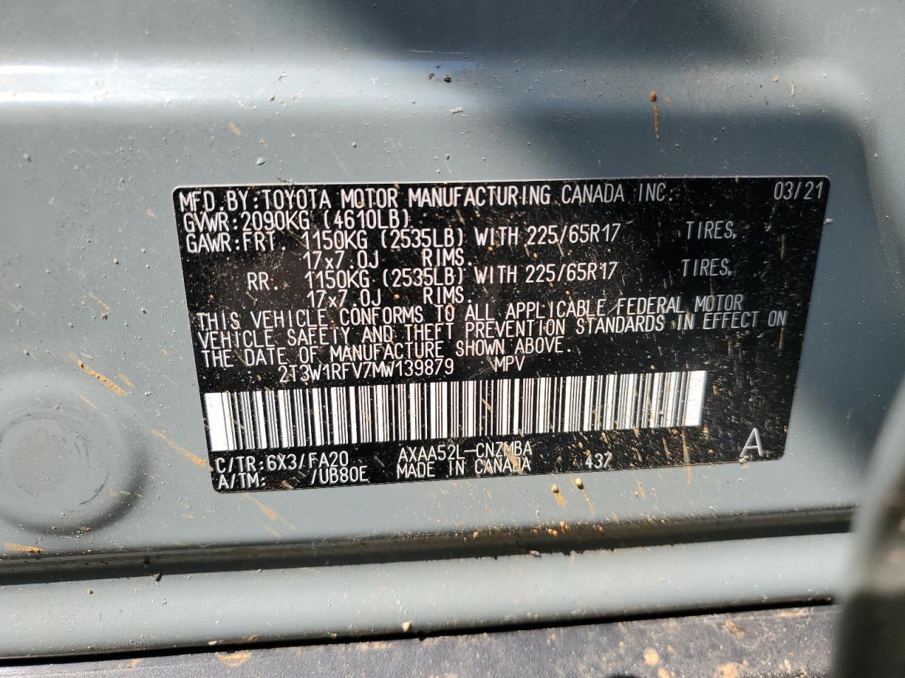 2T3W1RFV7MW139879 2021 Toyota Rav4 Xle