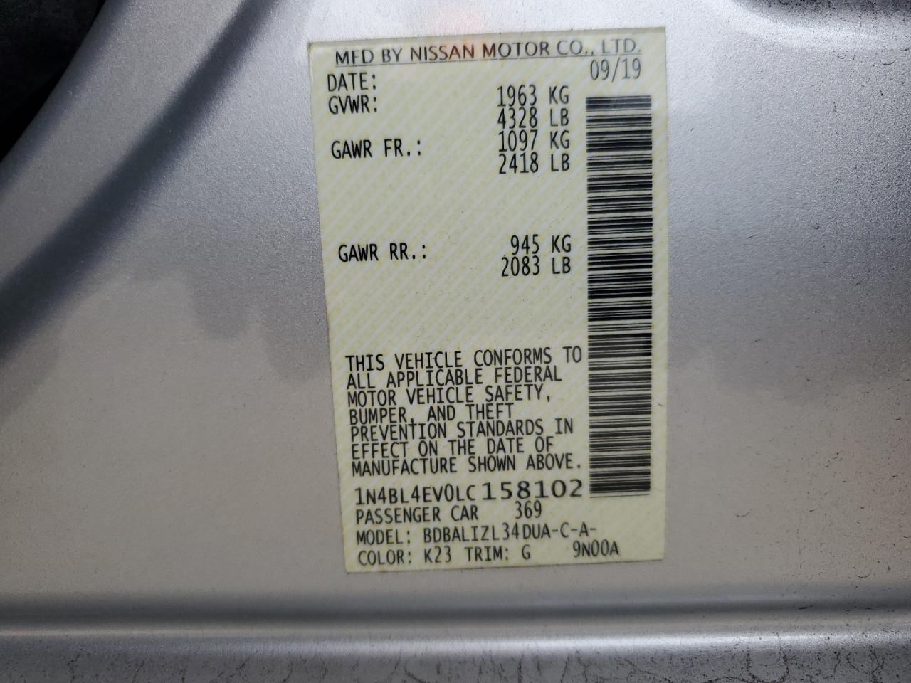 1N4BL4EV0LC158102 2020 Nissan Altima Sl