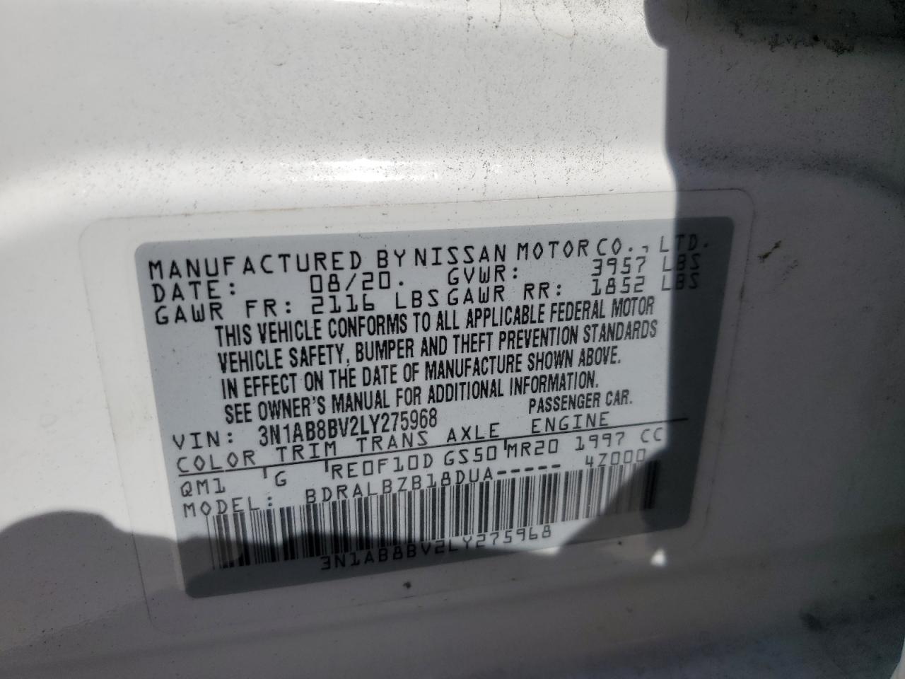 3N1AB8BV2LY275968 2020 Nissan Sentra S