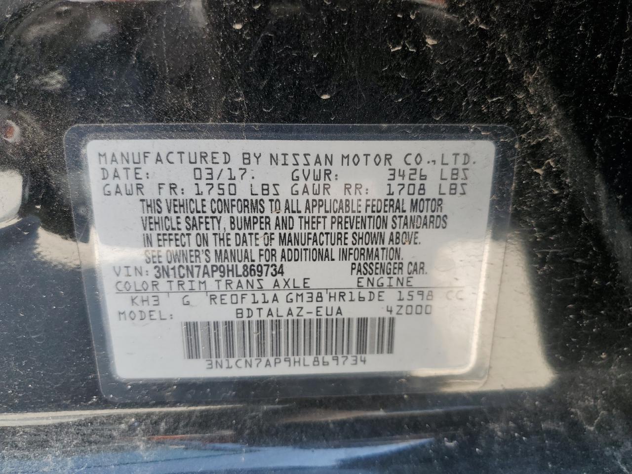 3N1CN7AP9HL869734 2017 Nissan Versa S