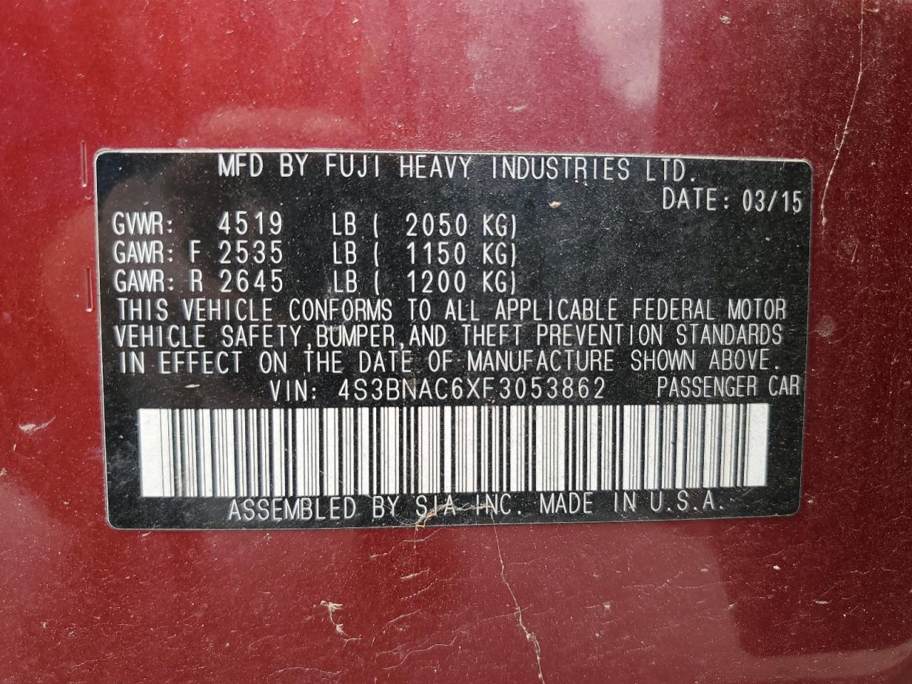 4S3BNAC6XF3053862 2015 Subaru Legacy 2.5I Premium