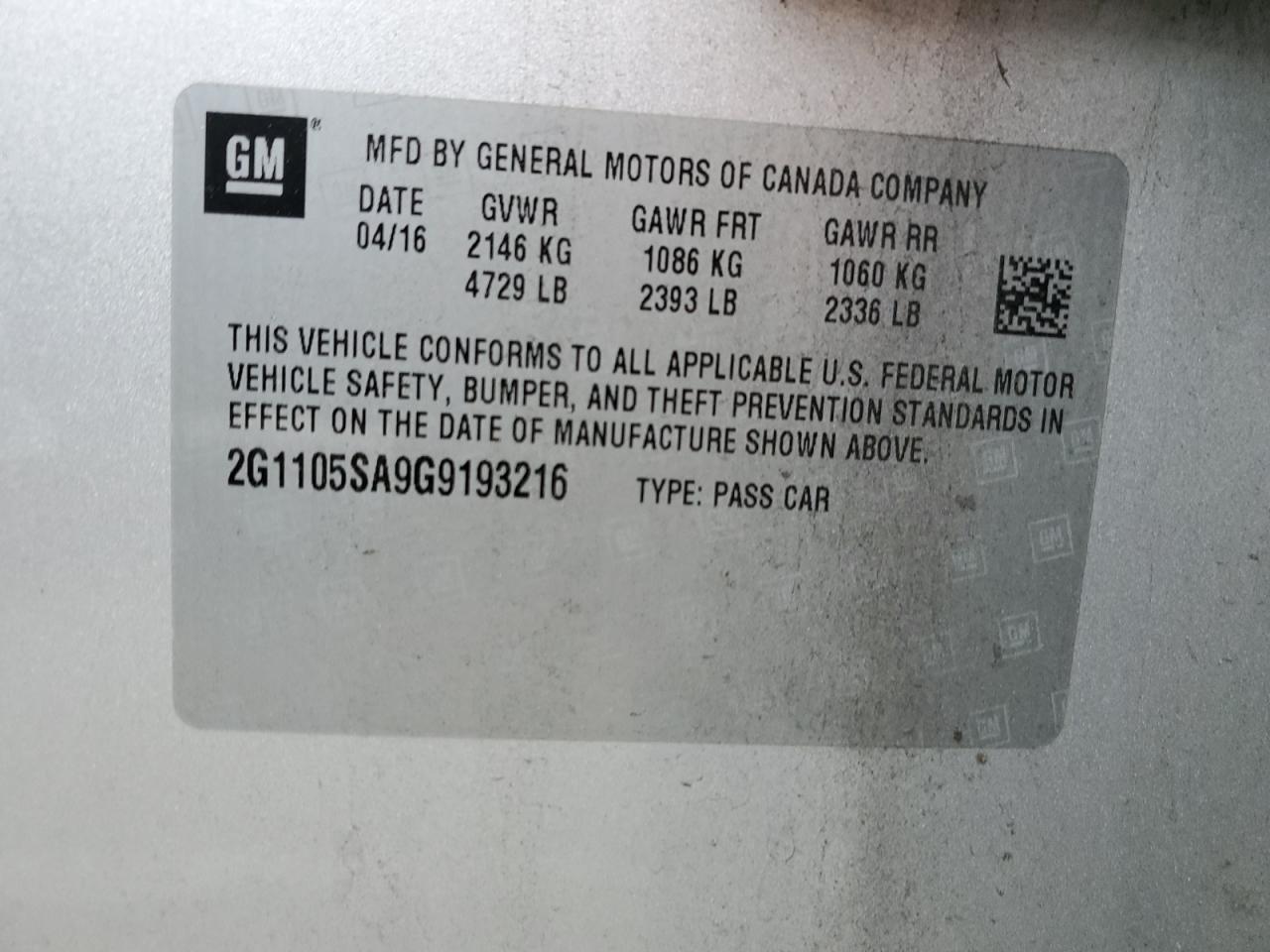 2G1105SA9G9193216 2016 Chevrolet Impala Lt