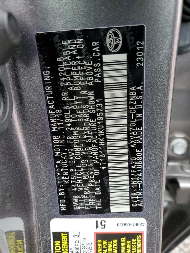 4T1B11HK1KU195731 TOYOTA CAMRY 2019