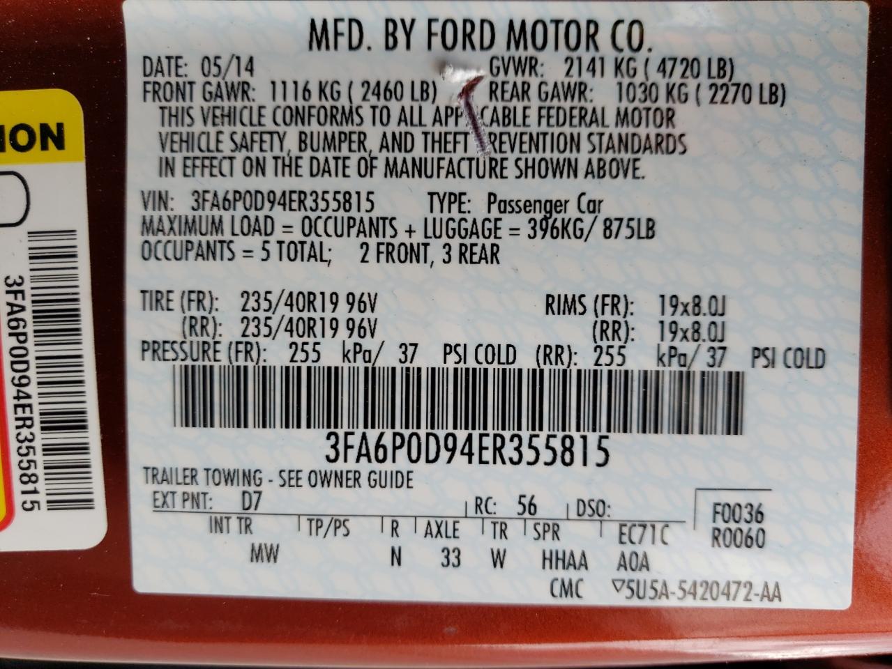 3FA6P0D94ER355815 2014 Ford Fusion Titanium