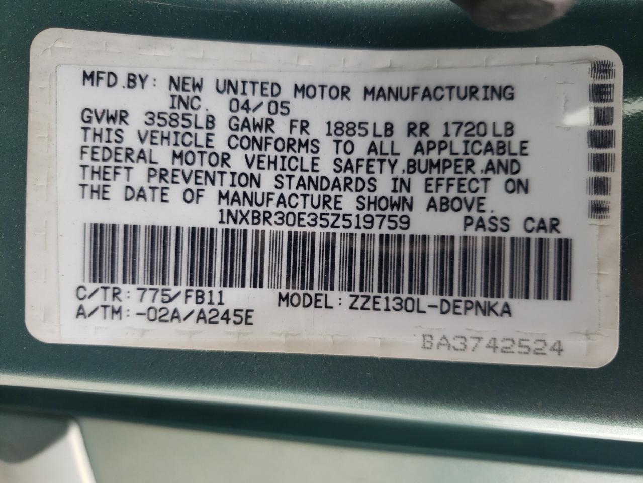 1NXBR30E35Z519759 2005 Toyota Corolla Ce