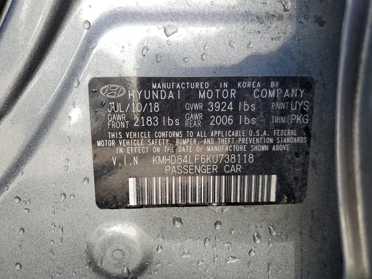 KMHD84LF6KU738118 2019 Hyundai Elantra Sel