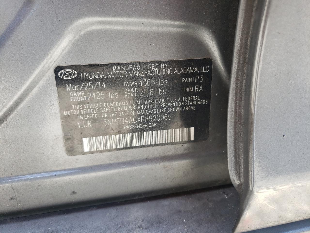 5NPEB4ACXEH920065 2014 Hyundai Sonata Gls